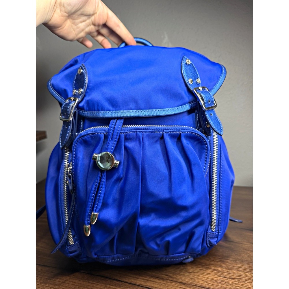 MZ Wallace Blue Backpack magnetic Buckle Closure Silver Hardware Pockets Strap